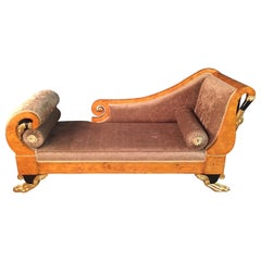 20th Century antique Classizim Style Empire Swan Chaise Lounge Birdseye maple