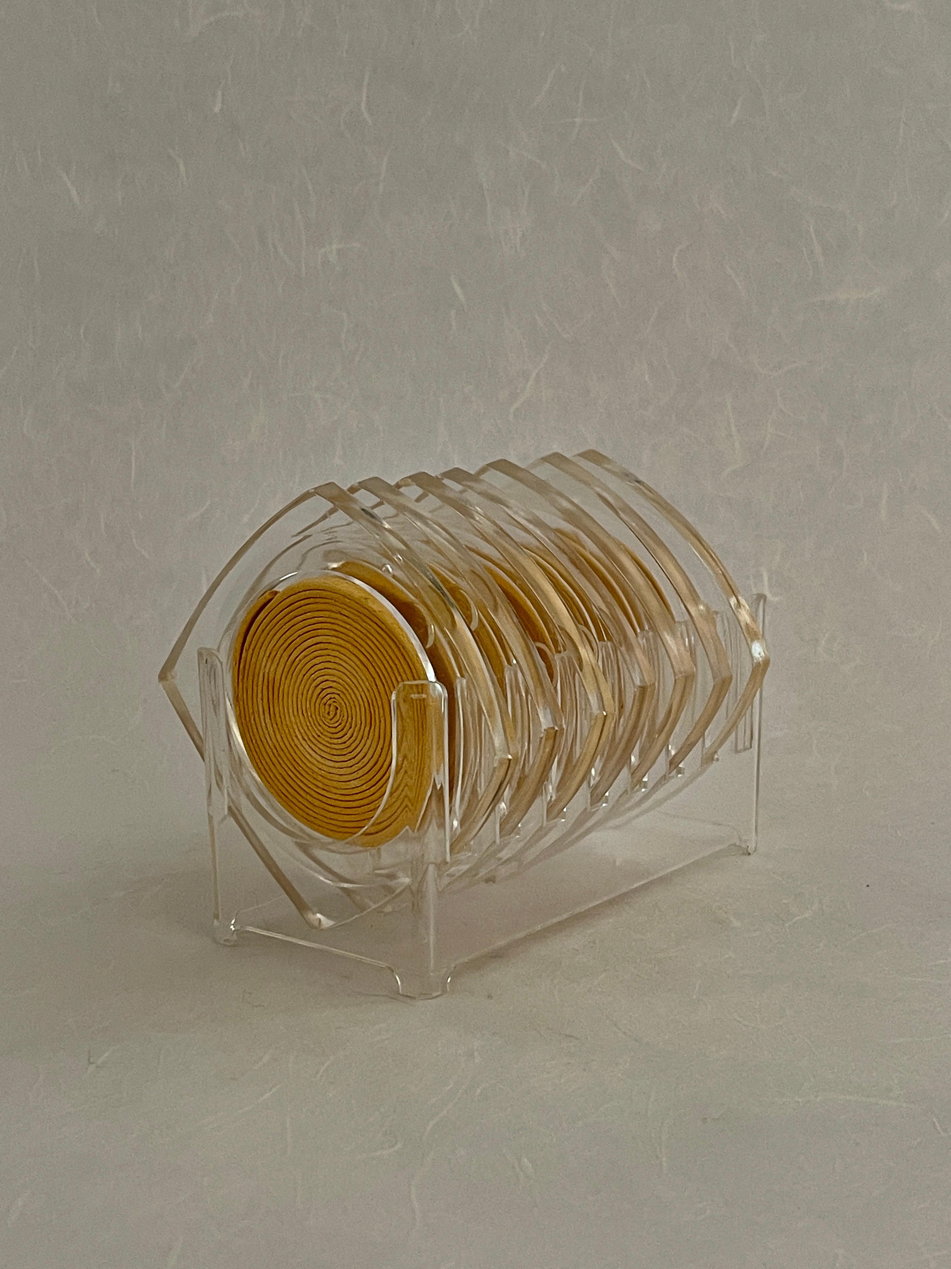 Post-Modern 20th Century Clear Acrylic Coasters and Stand For Sale