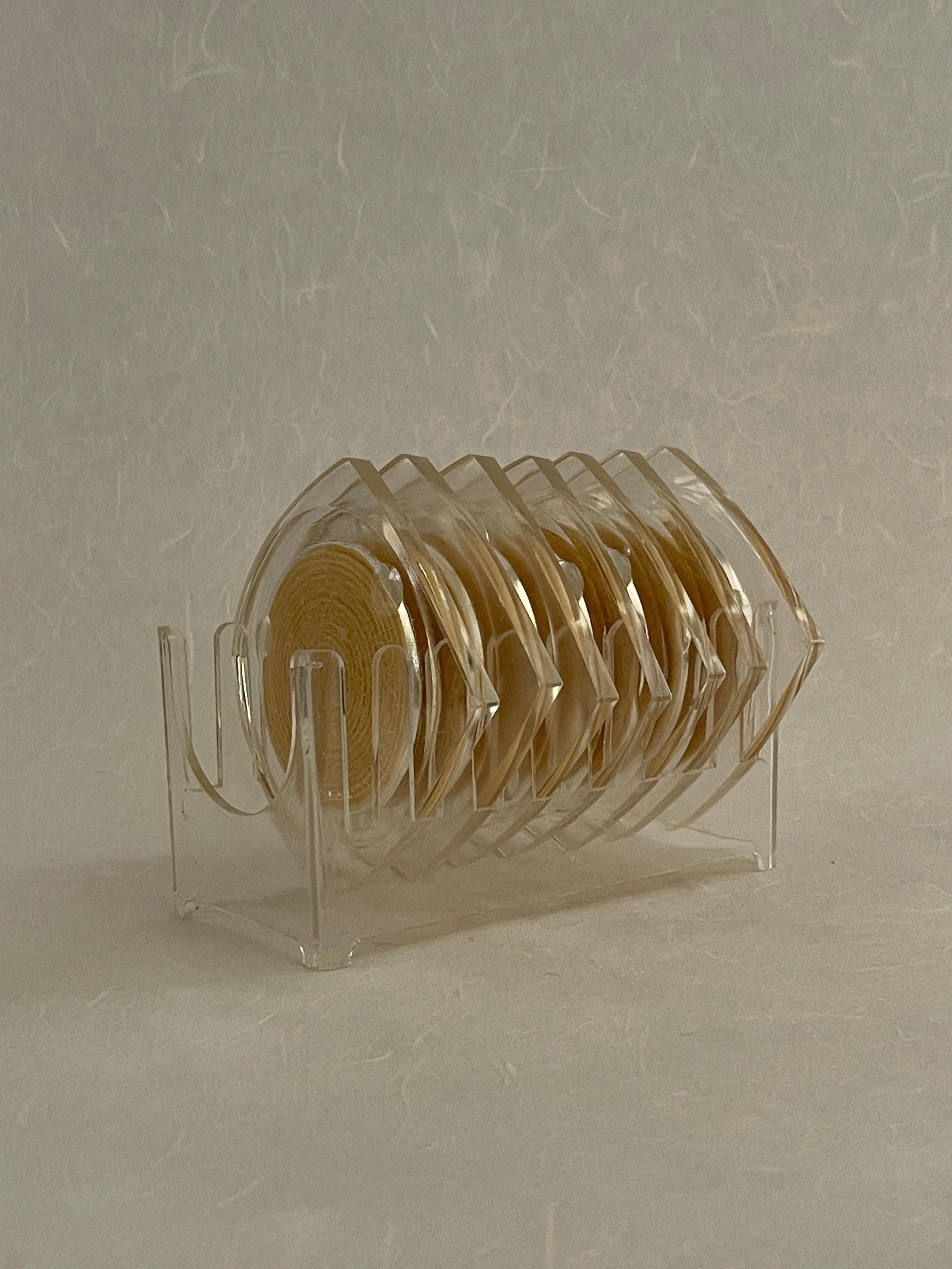 Late 20th Century 20th Century Clear Acrylic Coasters and Stand For Sale