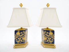 20th Century Cobalt Blue Porcelain Gilt Gold Painted Wood Base Small Table Lamp