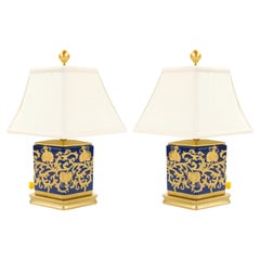 20th Century Cobalt Blue Porcelain Gilt Gold Painted Wood Base Small Table Lamp