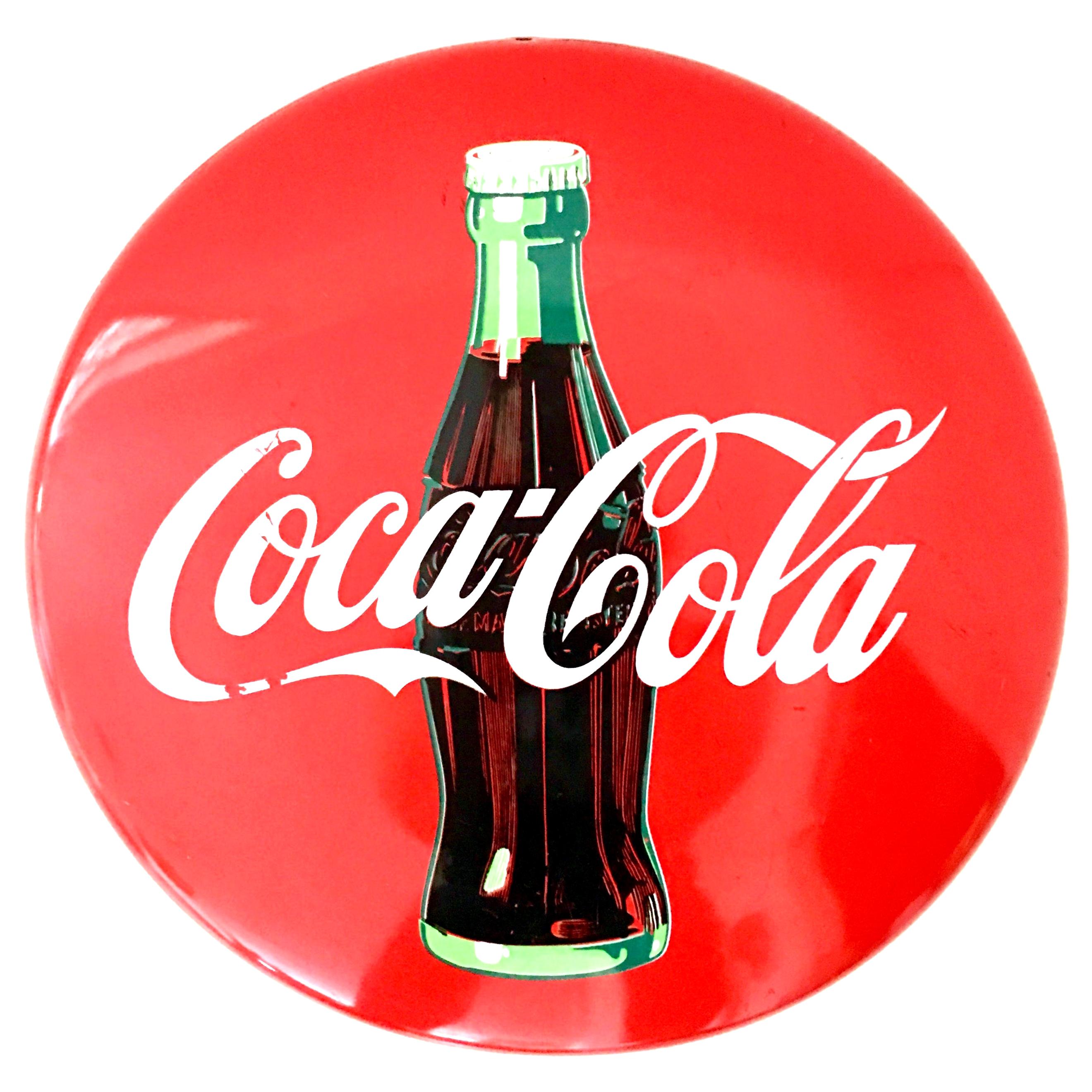 20th Century Coca-Cola Enamel Iron Button and Bottle Advertising Sign-Signed