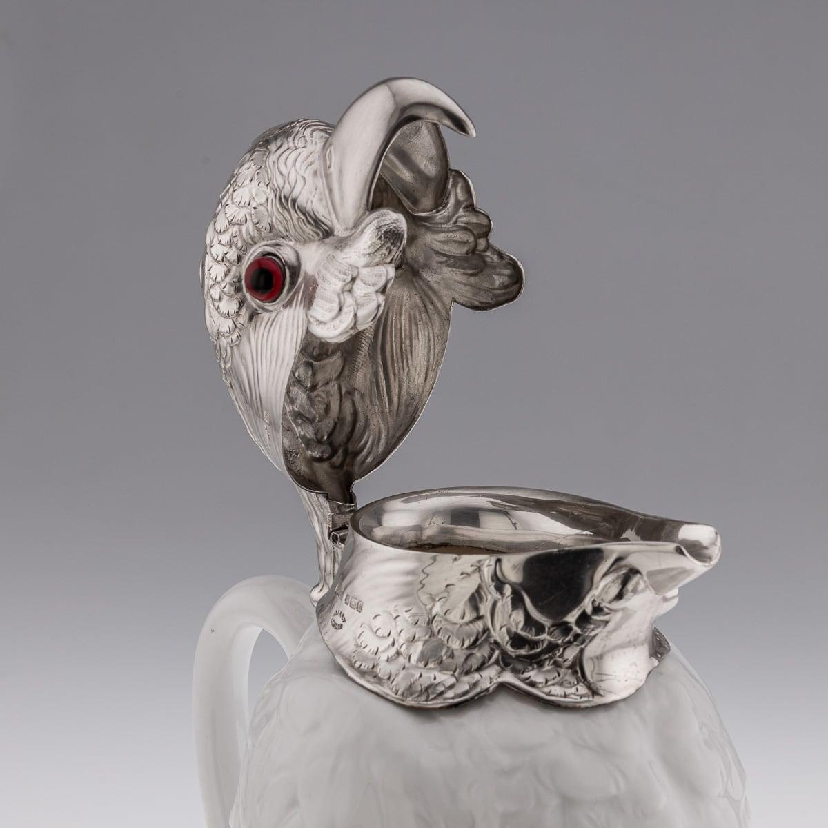 20th Century Cockatoo Solid Silver & Porcelain Claret Jug, Asprey & Co c.1912 For Sale 4