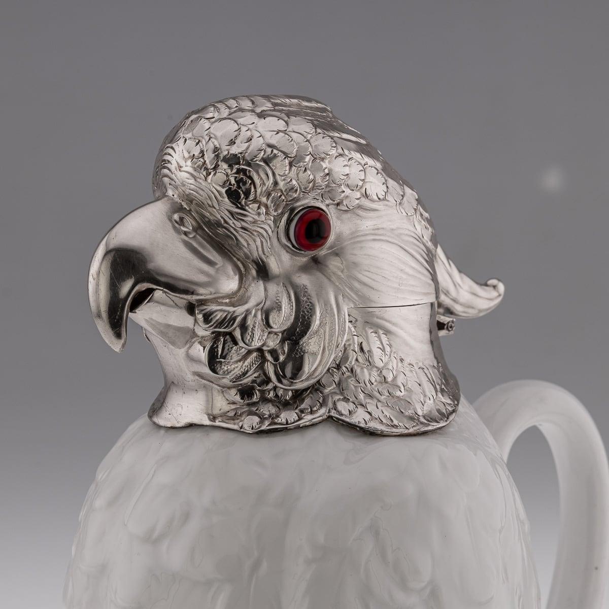 20th Century Cockatoo Solid Silver & Porcelain Claret Jug, Asprey & Co c.1912 For Sale 5