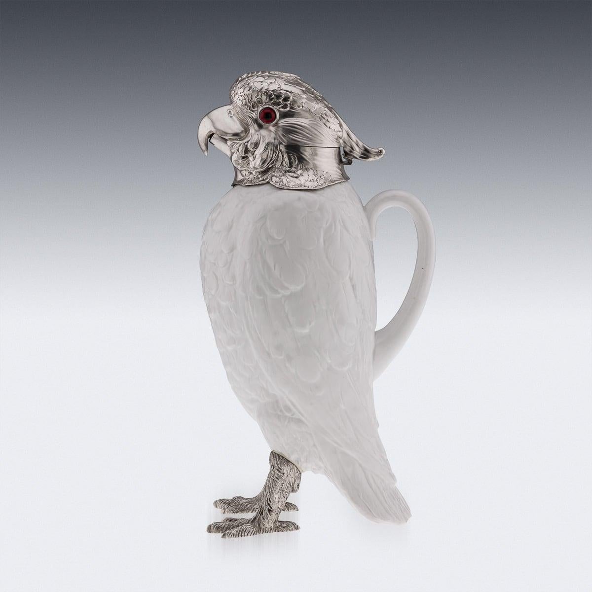 Other 20th Century Cockatoo Solid Silver & Porcelain Claret Jug, Asprey & Co c.1912 For Sale