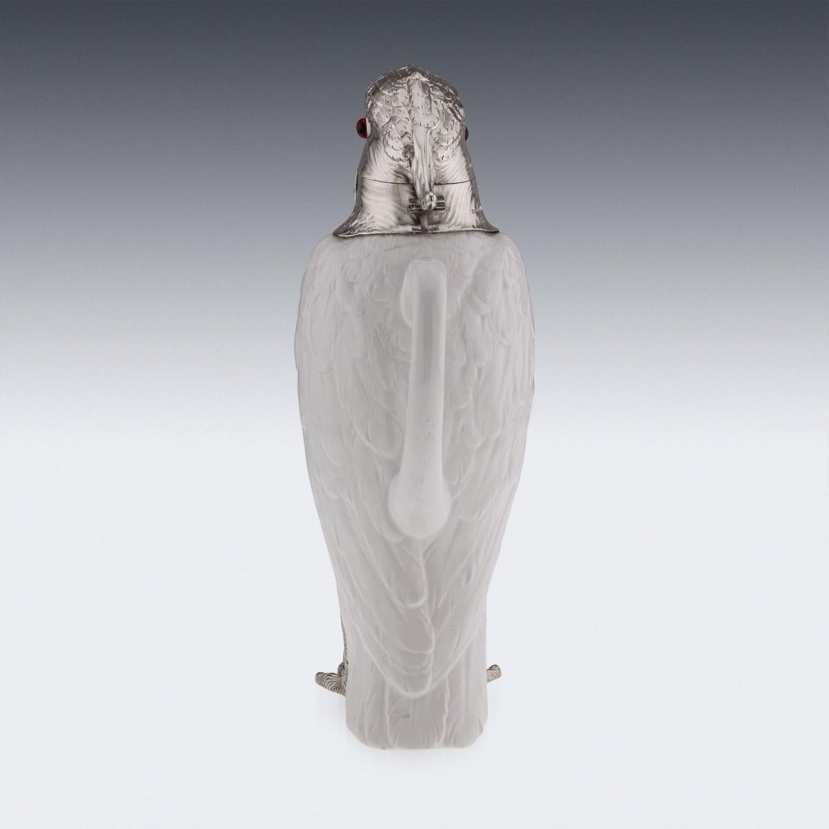 British 20th Century Cockatoo Solid Silver & Porcelain Claret Jug, Asprey & Co c.1912 For Sale