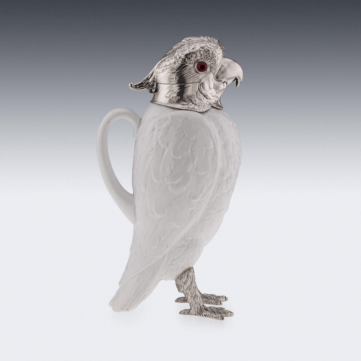 20th Century Cockatoo Solid Silver & Porcelain Claret Jug, Asprey & Co c.1912 In Good Condition For Sale In Royal Tunbridge Wells, Kent