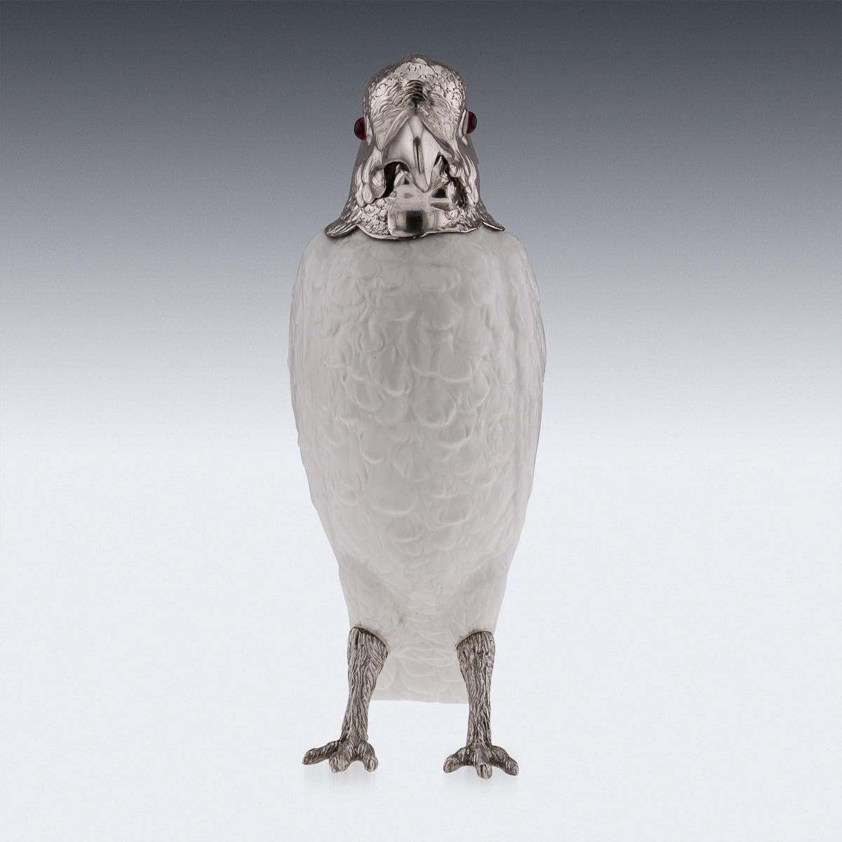 19th Century 20th Century Cockatoo Solid Silver & Porcelain Claret Jug, Asprey & Co c.1912 For Sale