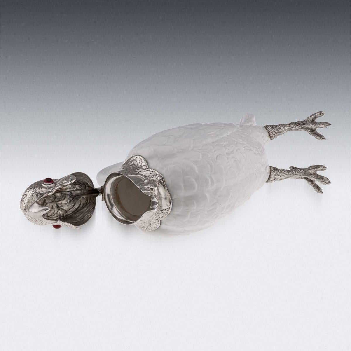 20th Century Cockatoo Solid Silver & Porcelain Claret Jug, Asprey & Co c.1912 For Sale 1