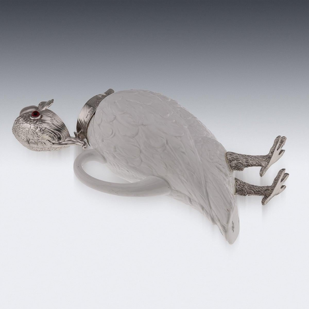 20th Century Cockatoo Solid Silver & Porcelain Claret Jug, Asprey & Co c.1912 For Sale 2