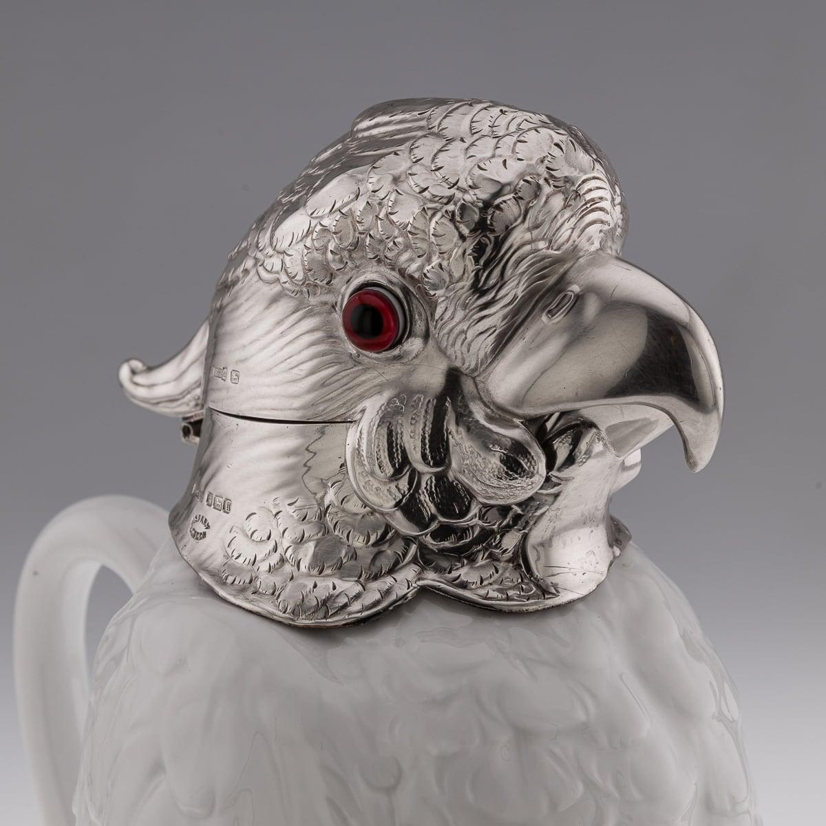 20th Century Cockatoo Solid Silver & Porcelain Claret Jug, Asprey & Co c.1912 For Sale 3