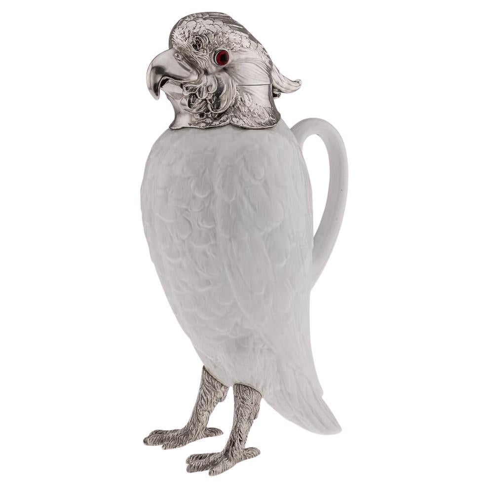 Jarra de clarete de plata maciza y porcelana del siglo XX Cockatoo, Asprey & Co c.1912