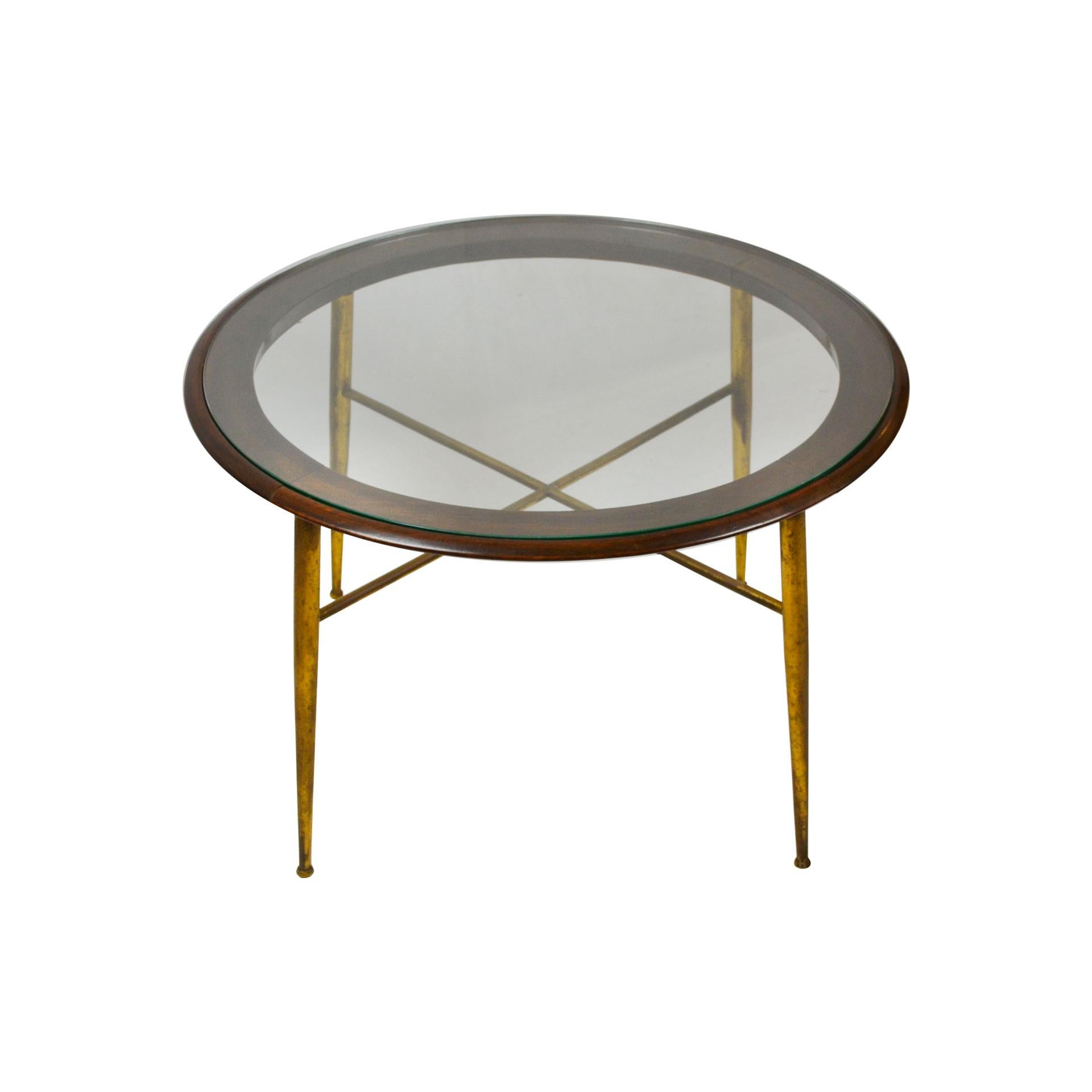 Mid-Century Modern 20th Century Coffee Table in Brass Wood and Circular Glass Top Italian School