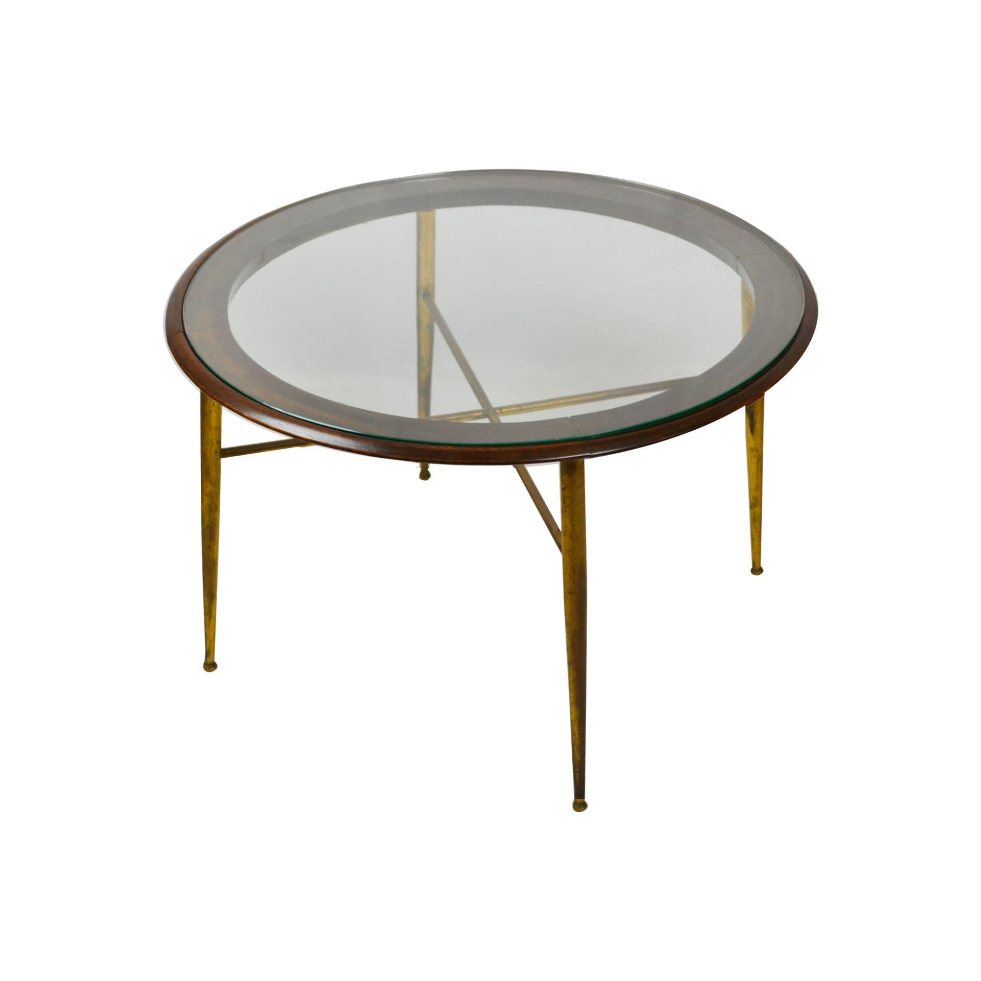 20th Century Coffee Table in Brass Wood and Circular Glass Top Italian School In Good Condition In Turin, Turin