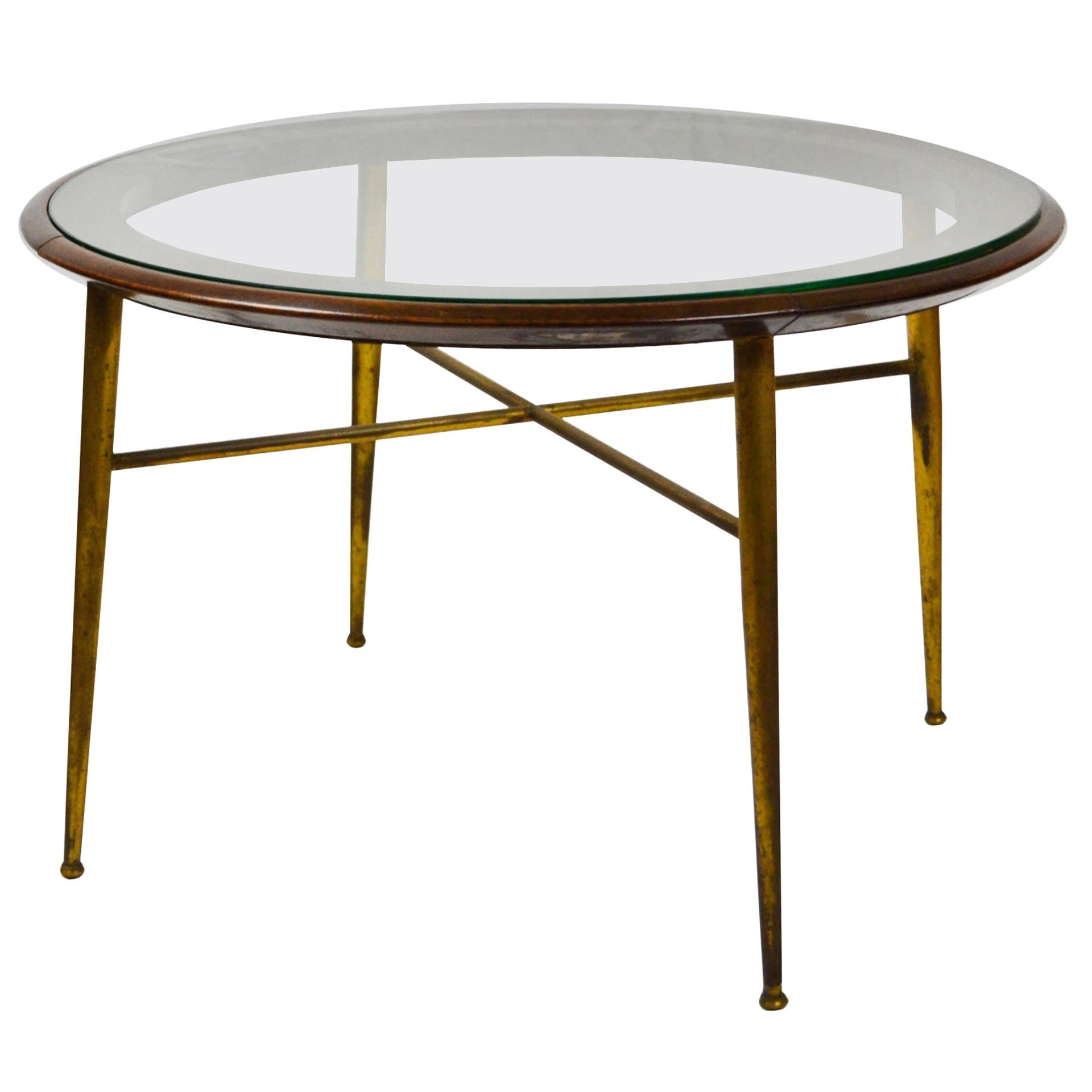 20th Century Coffee Table in Brass Wood and Circular Glass Top Italian School