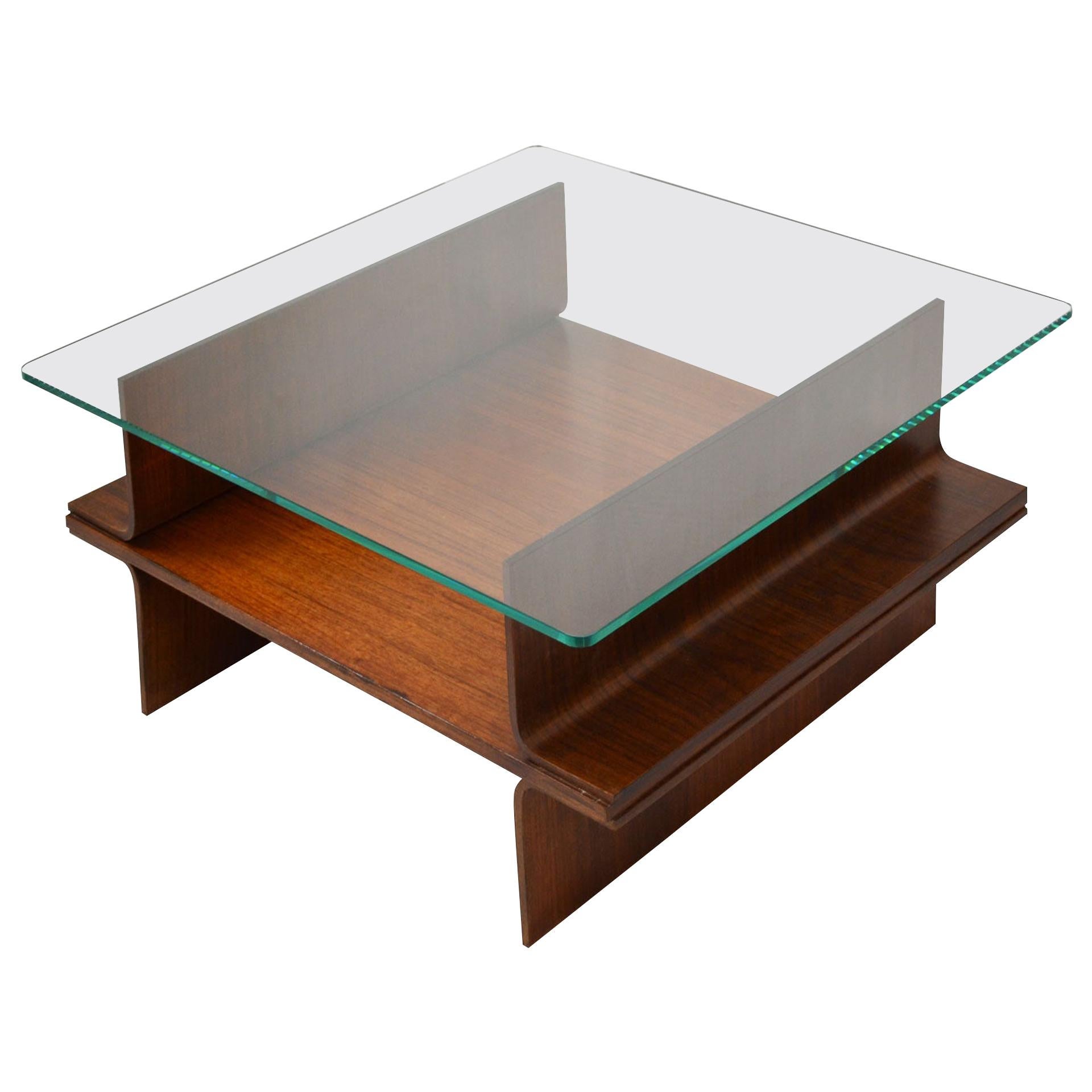 20th Century Coffee Table in Curved Wood Structure and Glass Top from 1960s