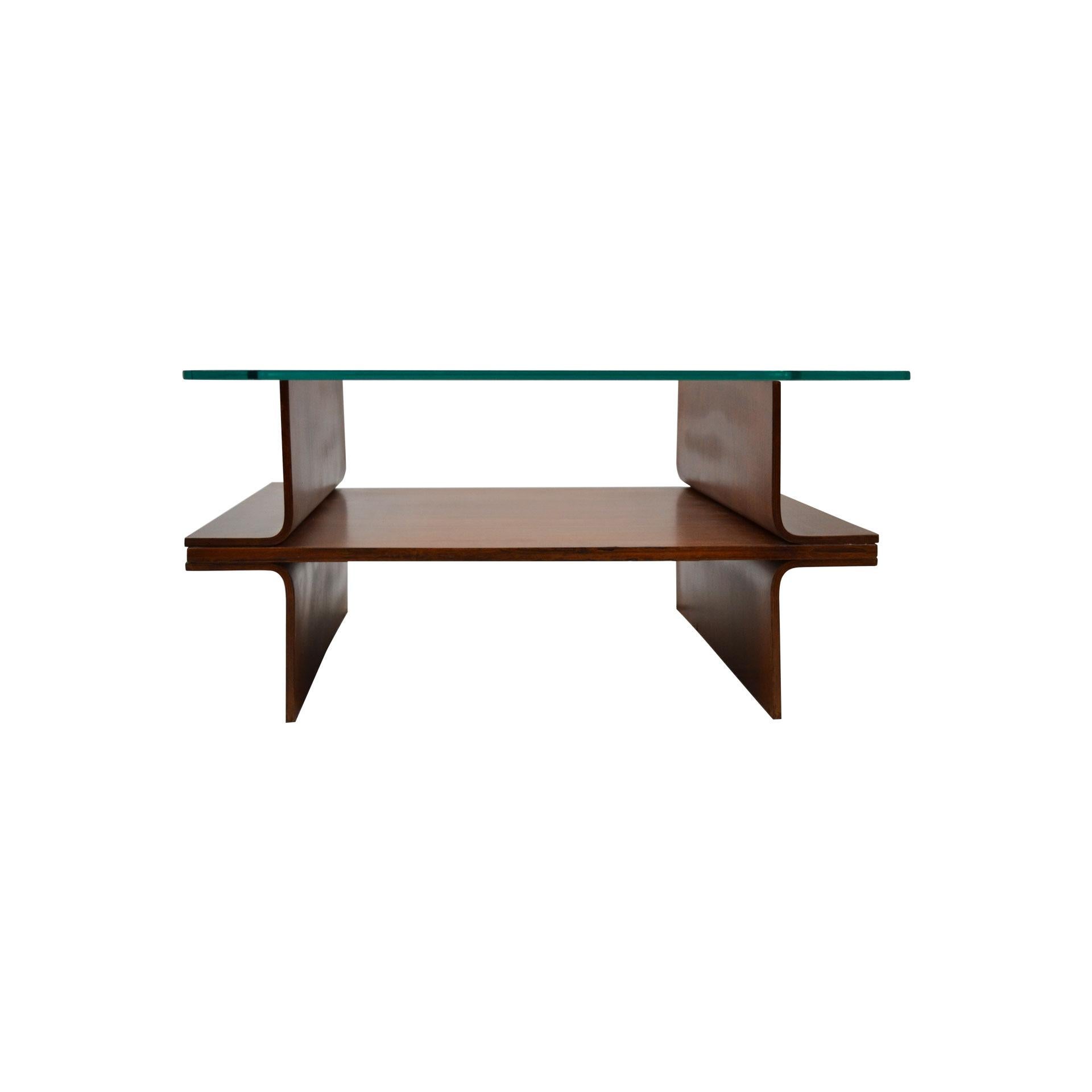 Coffee table designed in 1960, Italian School, with structure in curved wood and top in squared glass. Very good condition.