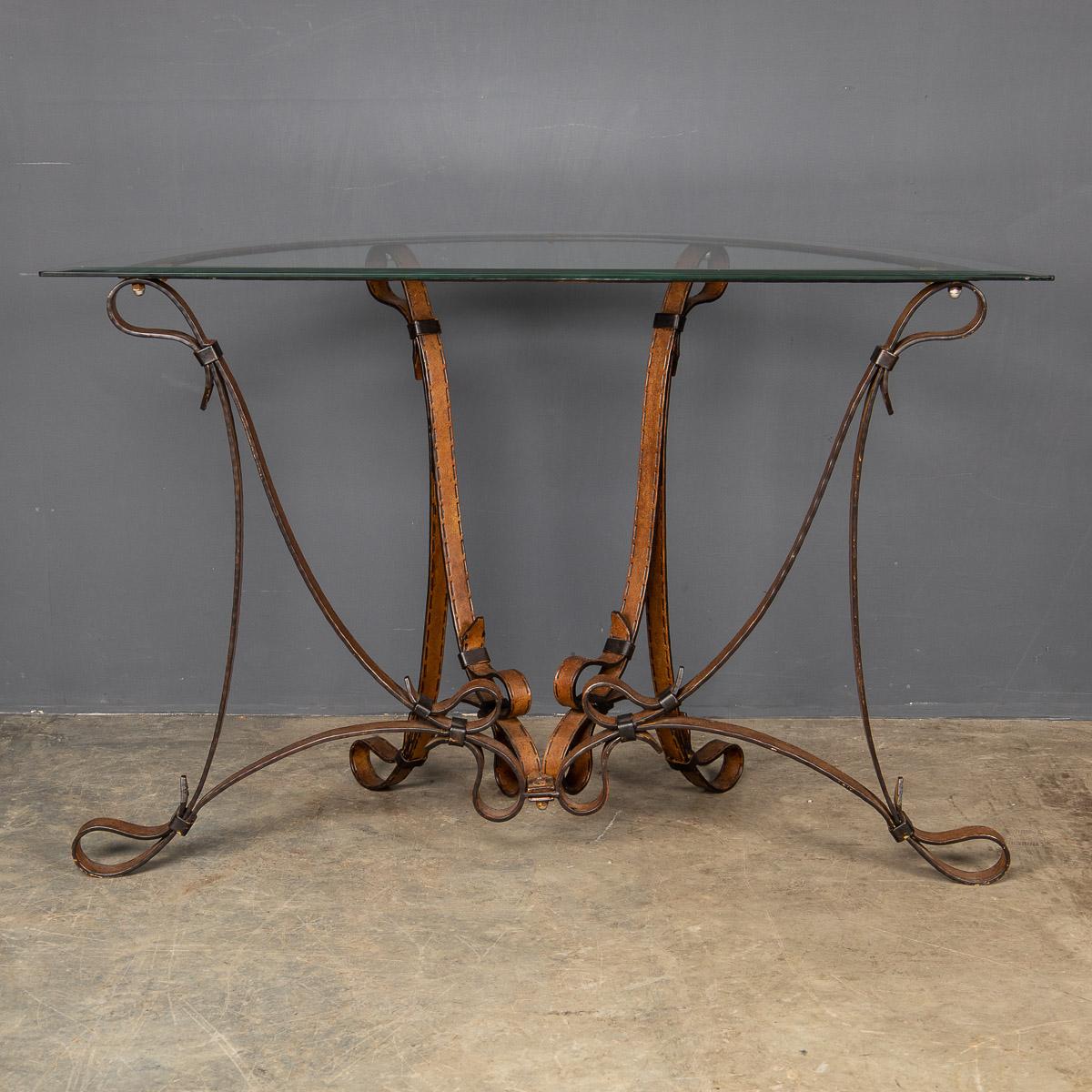 Glass 20th Century, Cold Painted Strap & Buckle Wrought Iron Console, c.1980 For Sale