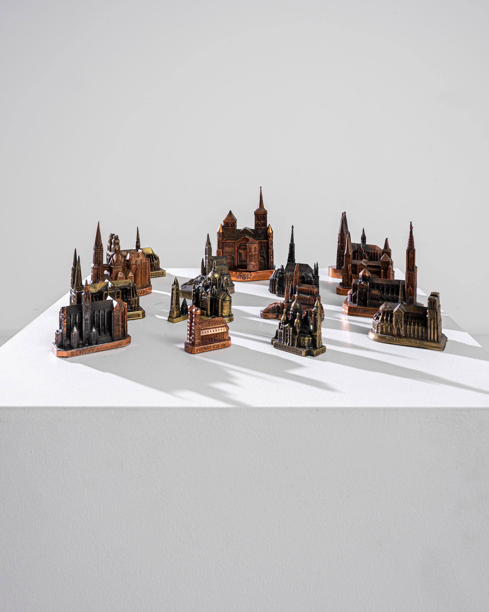 This gorgeous vintage set of metal figurines features 15 miniature replicas of Europe’s iconic churches such as Notre Dam, Metz Cathedral and the Basilica of the Sacred Heart of Paris among others. Meticulously chiseled architectural details of the