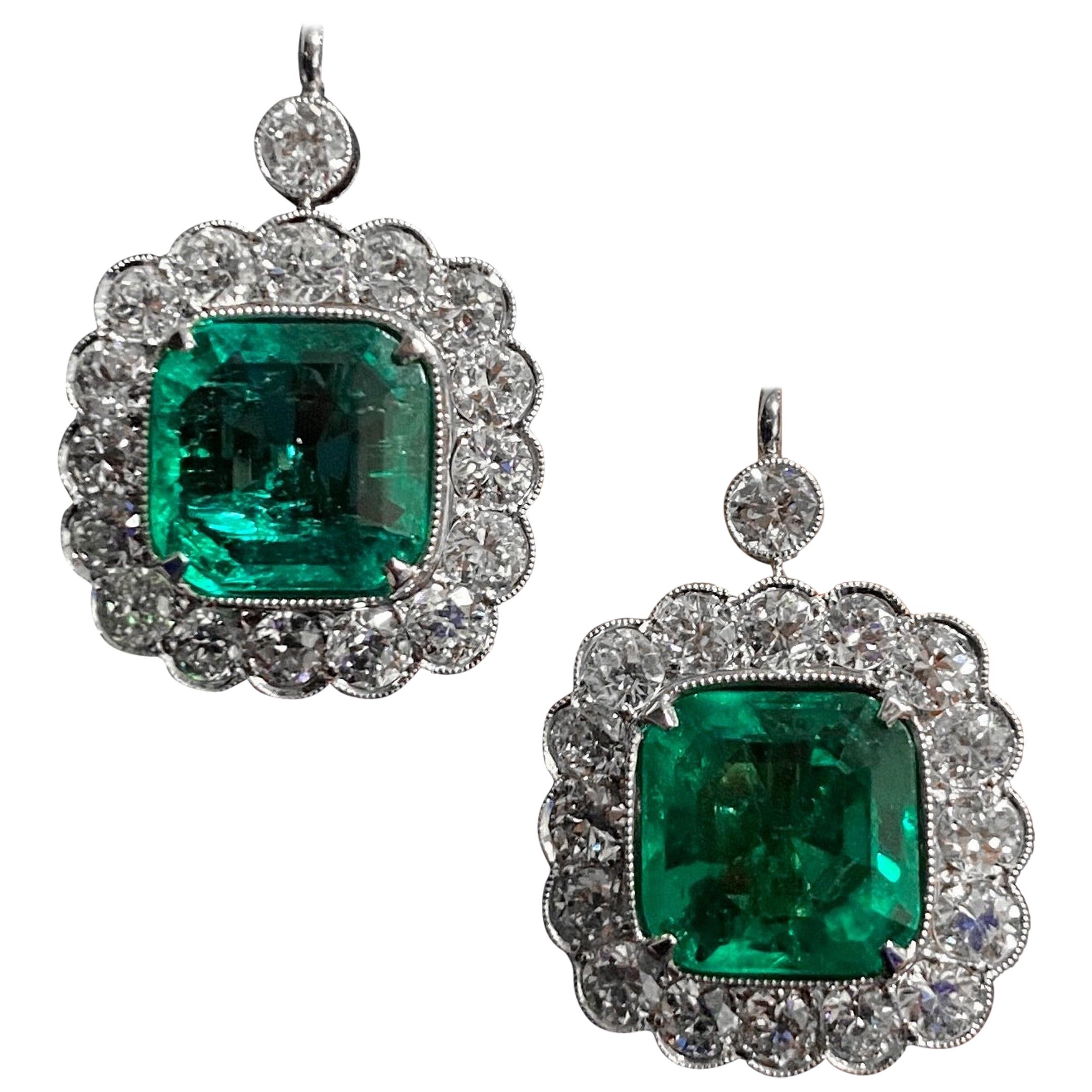 20th Century Colombian Emerald Old Cut Diamond Cluster Earrings Platinum Signed