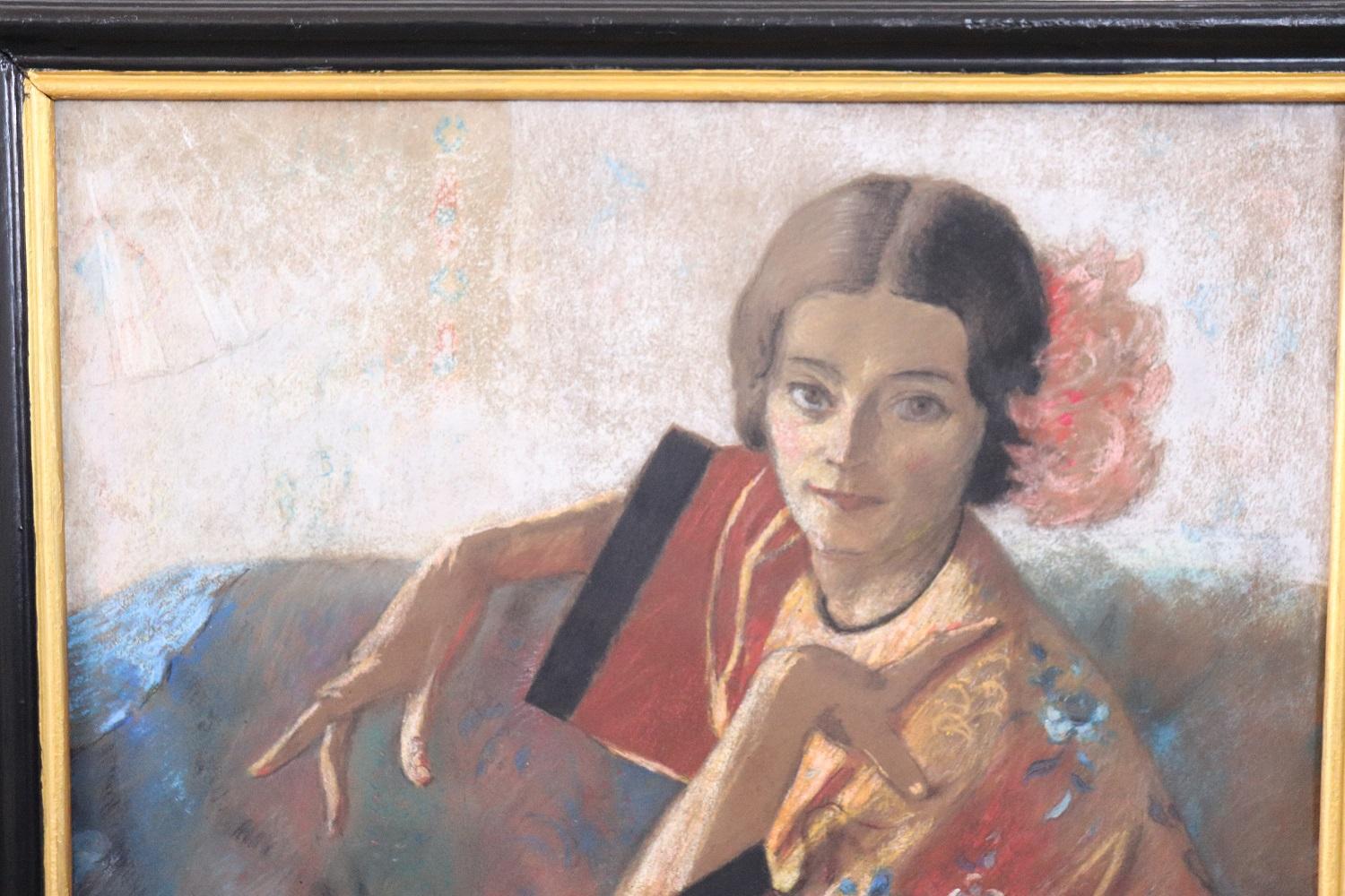 Italian 20th Century Colored Chalks on Paper Portrait of Young Woman, Dated and Signed