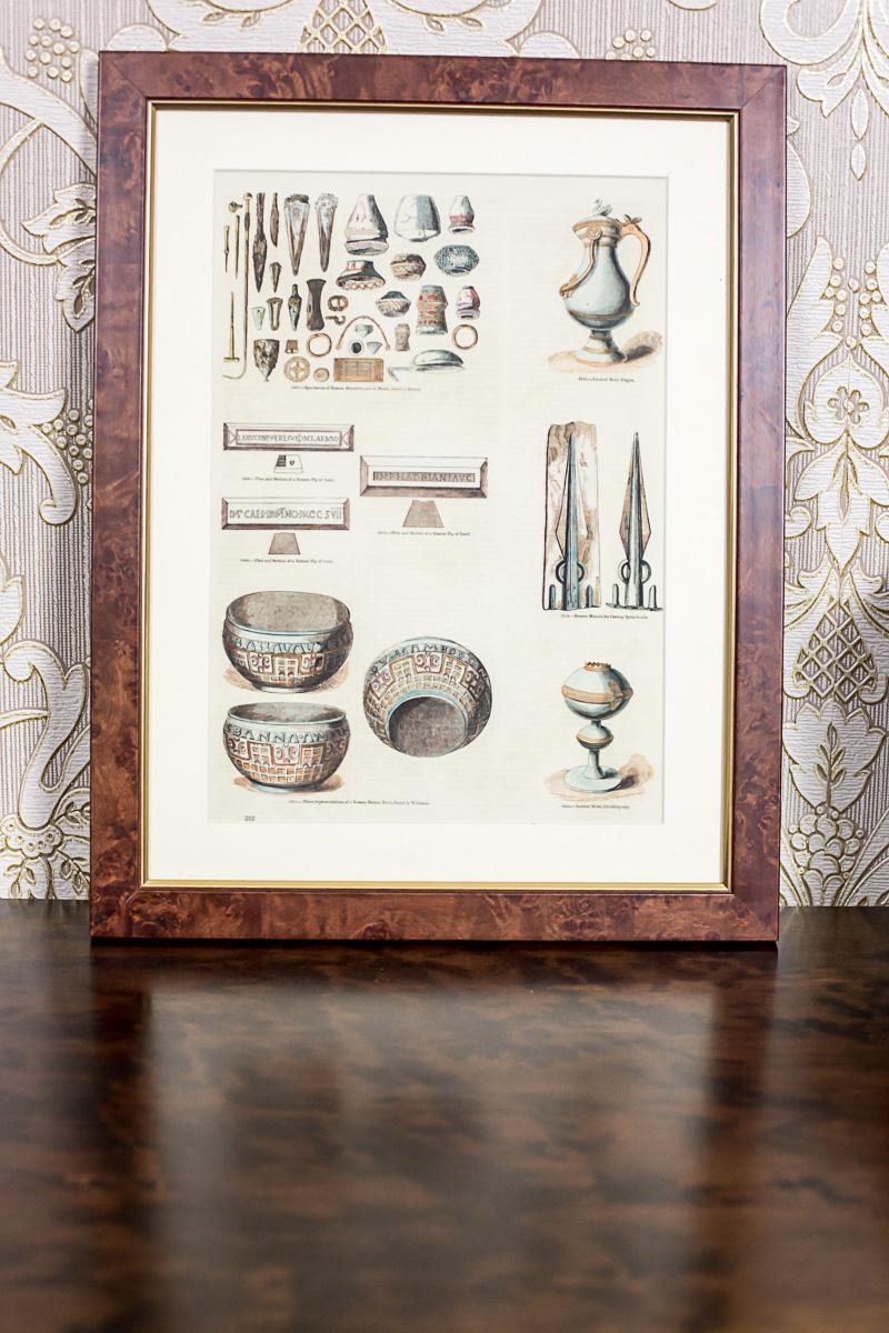 Vintage Print Illustration of Antique Objects, walnut frame  In Good Condition For Sale In Opole, PL
