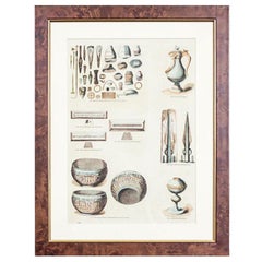 Vintage Print Illustration of Antique Objects, walnut frame 