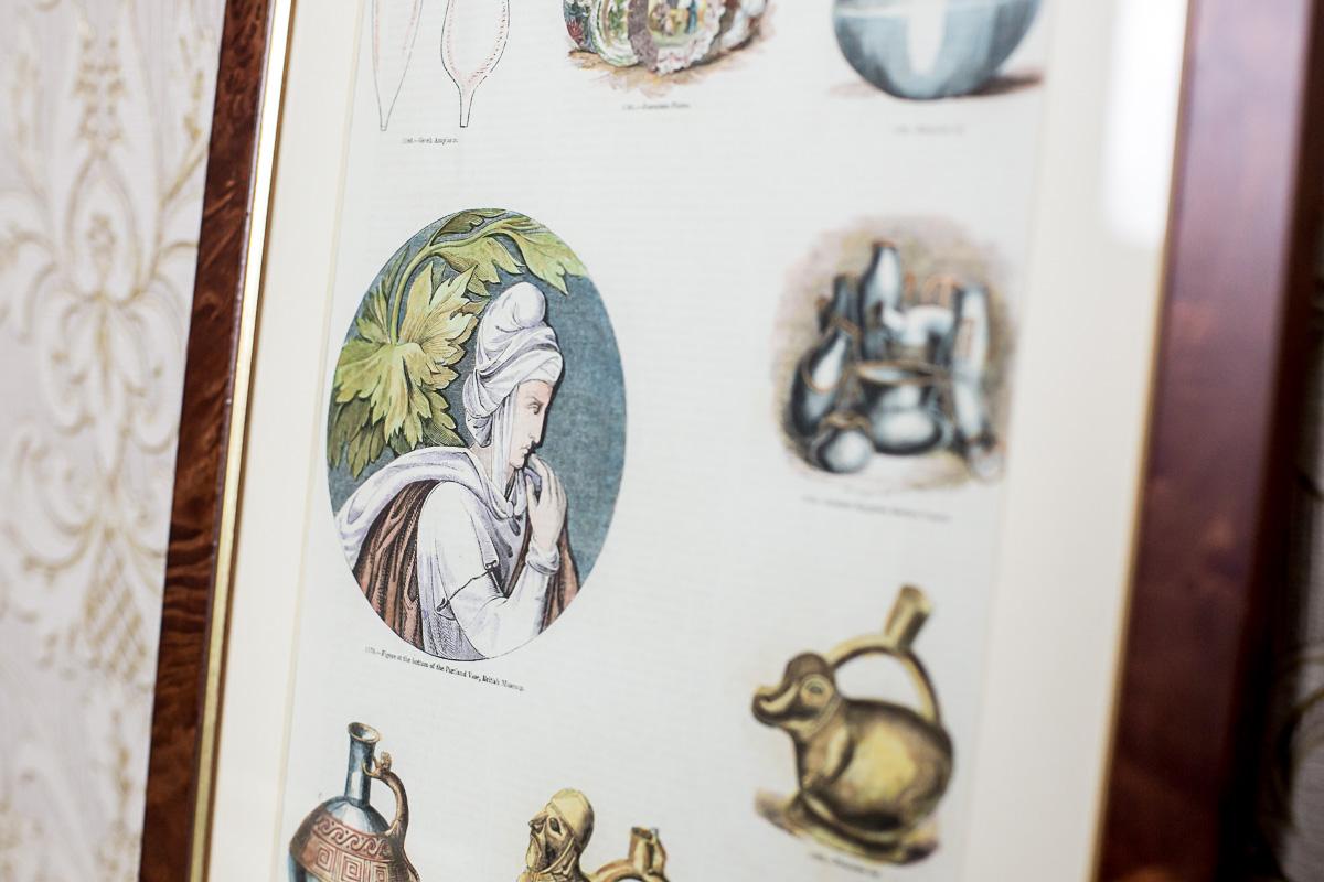 European Vintage Print Illustration of Various Types of Water Containers, framed For Sale