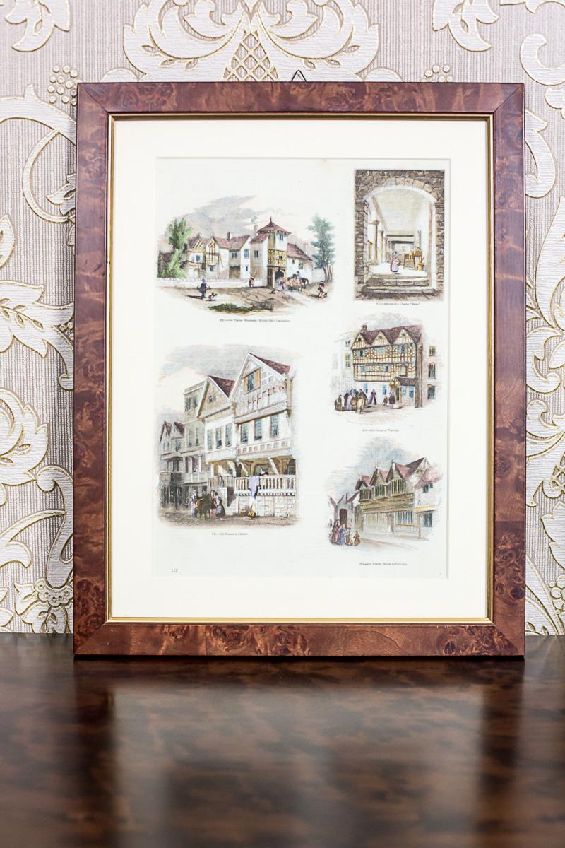 We present you this illustration printed from a book with depictions of the timber-framed construction.
This is one of the six graphics regarding construction. 
This graphic is made of passe-portout, framed in a wooden frame with glass.

Each