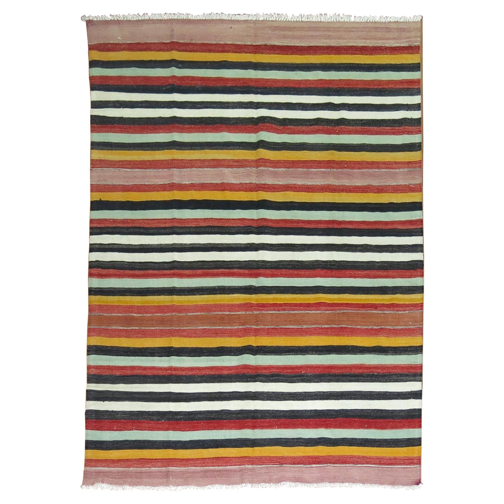 20th Century Colorful Kilim with Striped Motif