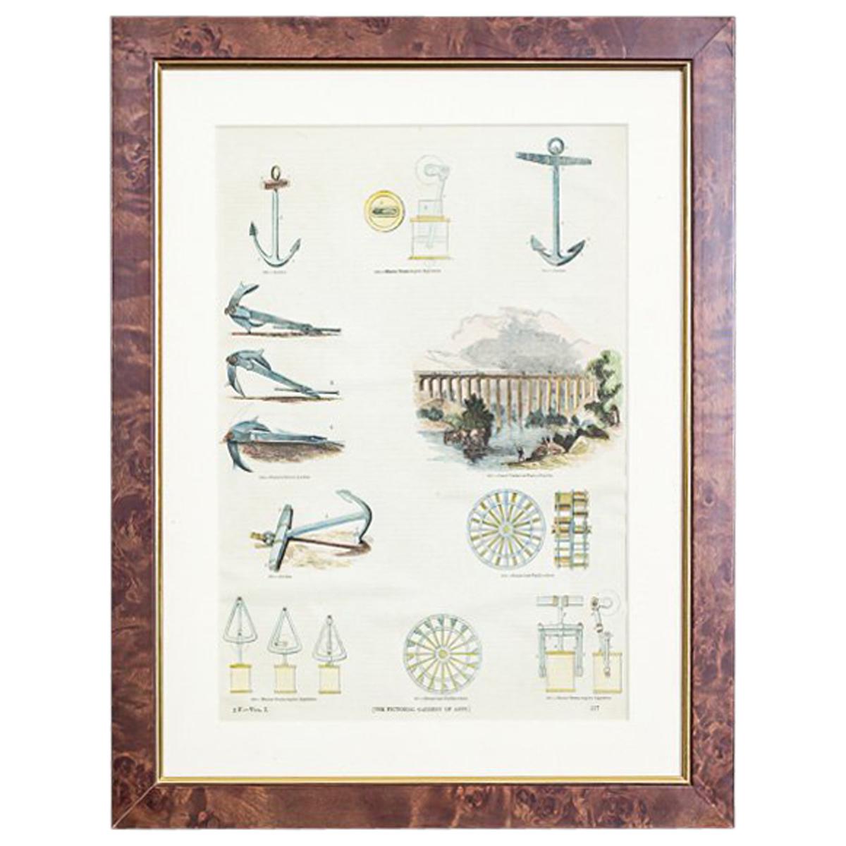 20th Century Colorful Print in a Frame, Anchors and More For Sale