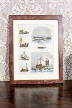 20th Century Engraved Print of Ships, Colorful, Framed, Paper, Europe