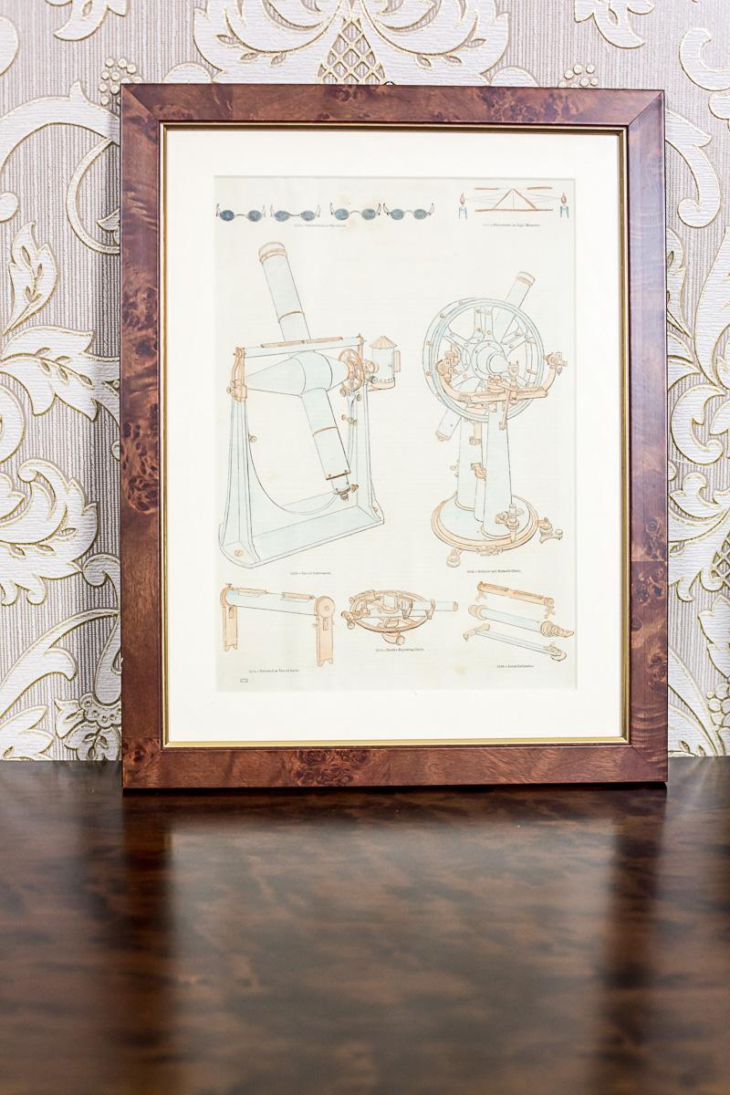 European 20th Century Colorful Print in Frame Depicting Telescopes For Sale