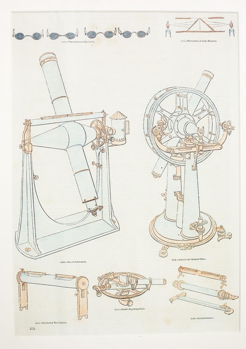 20. Jahrhundert Bunter Druck in Rahmen mit Darstellung von Teleskopen (Graviert) im Angebot