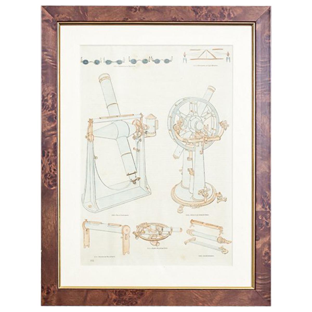 20th Century Colorful Print in Frame Depicting Telescopes