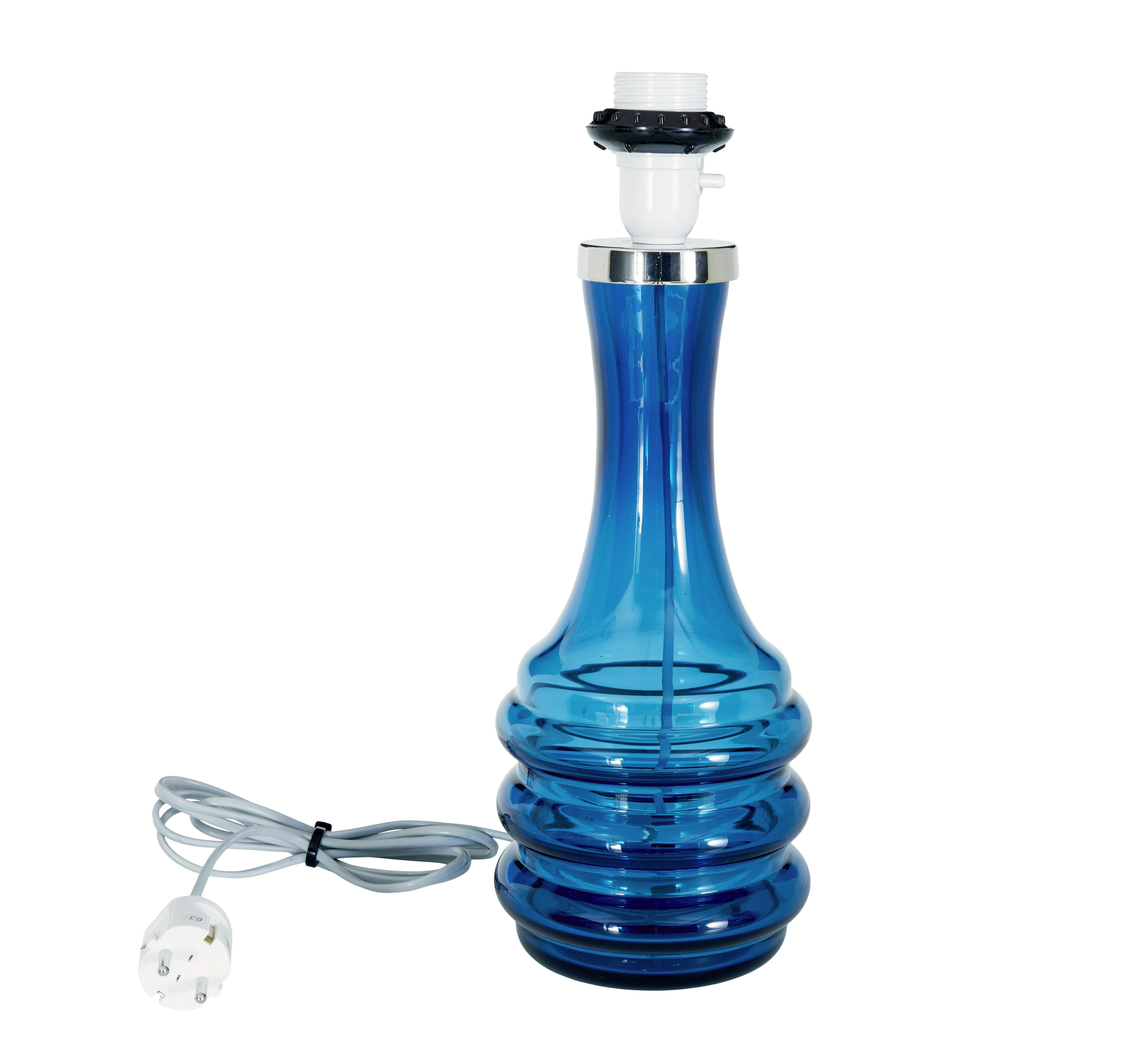 20th century coloured glass Orrefors lamp circa 1970.

Stunning glass lamp from the well known Swedish makers of fine glass, Orrefors.  Screw thread bulb holder, with a chrome collar beneath which has the makers name etched onto it.  Deep blue glass