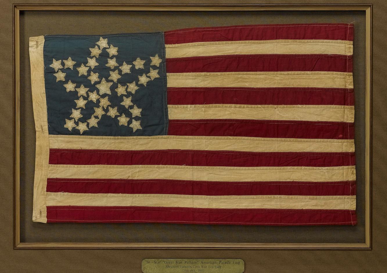 This is a 20th century commemorative flag with 34 stars in recognition of when Kansas was admitted into the Union. Kansas was admitted to the Union on January 29th, 1861, about two-and-a-half months before the first shots of the civil war were