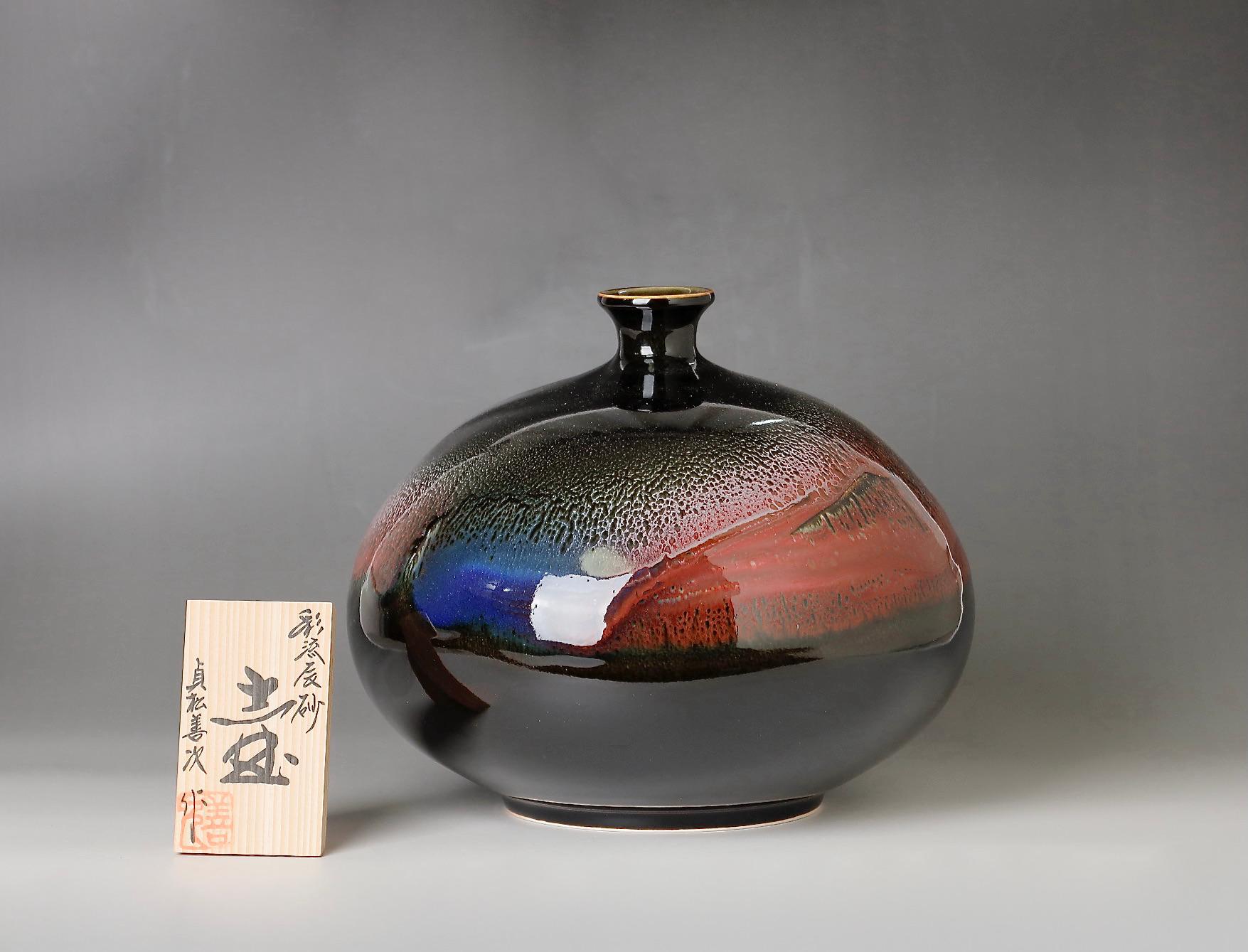 Spectacular large ceramic vase with absolutely spectacular colors by renown Nitten artist Sadamatsu Zenji (b.1948) Zenji exhibited on most prestigious Nitten show for 14 years winning numerous awards. Known for highest quality work with spectacular