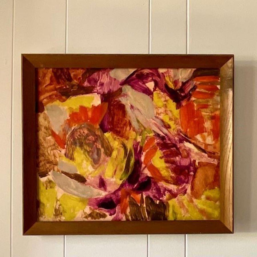 A 20th Century original oil on canvas. A brightly colored Abstract composition with high energy strokes. Signed by the artist on the back. Acquired from a Palm Beach estate. 