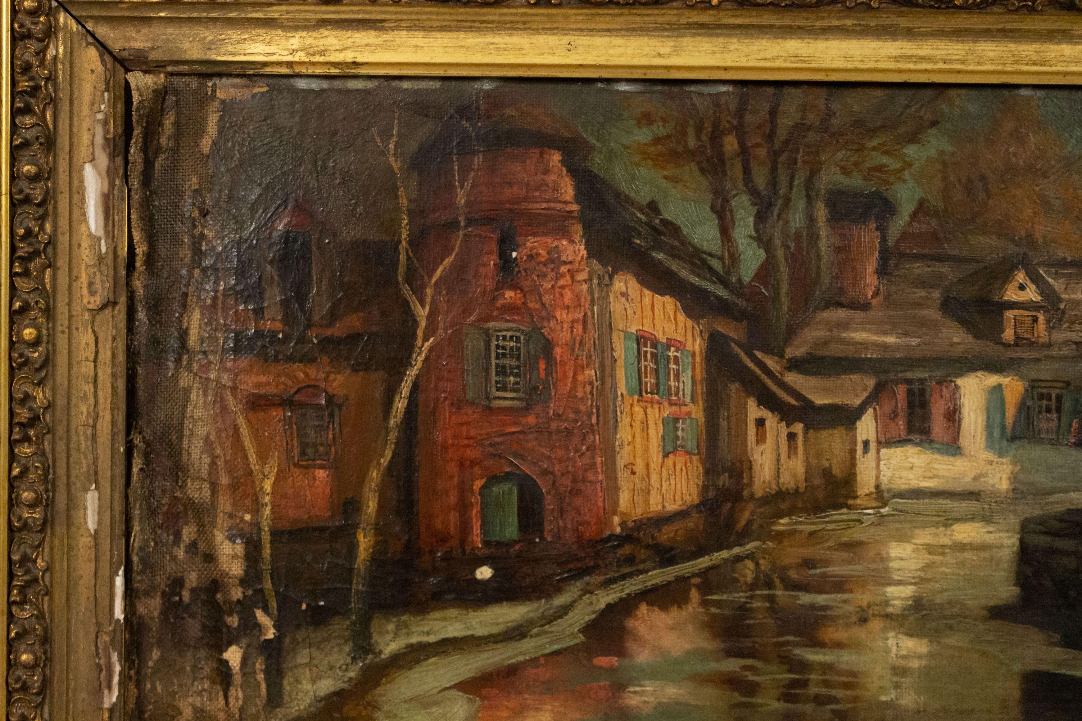 Continental Dutch style (19/20th Cent) gilt framed oil painting of a seascape of canal with houses and snow.

Water damage and severe peeling to the left side of the painting.