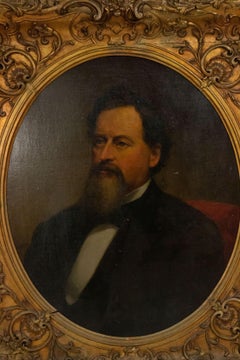 Oval Oil Painting of Man in Red Chair, Gilt Frame, 20th Century