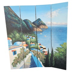 20th Century Continental Hand-Painted Oil on Board Four-Fold Floor Screen