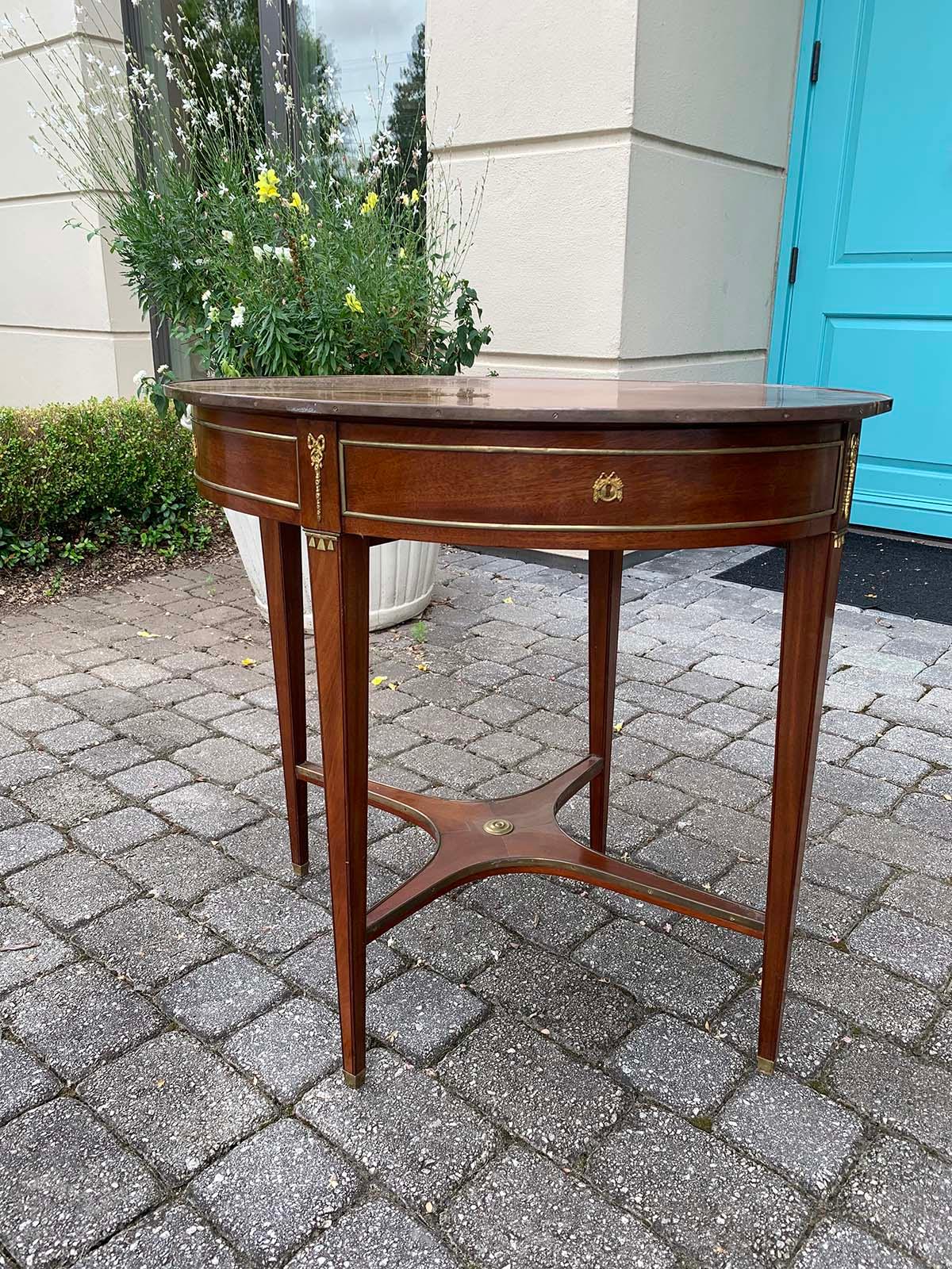 European 20th Century Continental Neoclassical Bronze Mounted Oval Side Table with Drawer For Sale