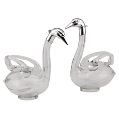 Vintage 20th Century Continental Silver Plated & Glass Swan Shaped Claret Jugs, c.1960