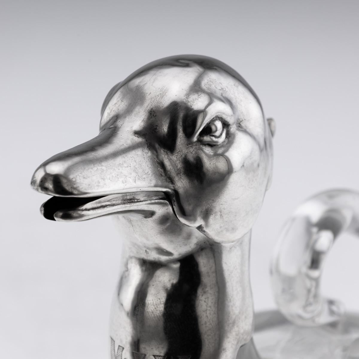 20th Century Continental Solid Silver & Clear Glass Novelty 'Duck' Claret Jug For Sale 12
