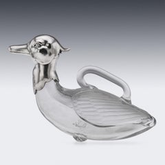 20th Century Continental Solid Silver & Clear Glass Novelty 'Duck' Claret Jug