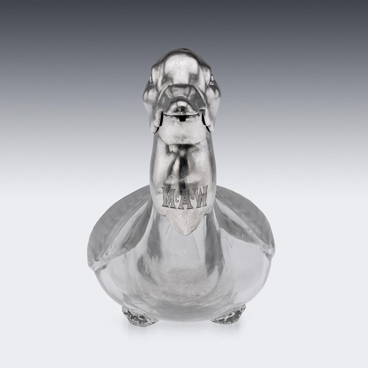 European 20th Century Continental Solid Silver & Clear Glass Novelty 'Duck' Claret Jug For Sale
