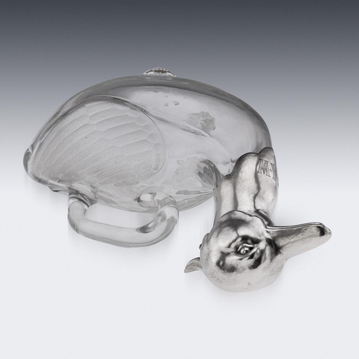 20th Century Continental Solid Silver & Clear Glass Novelty 'Duck' Claret Jug In Good Condition For Sale In Royal Tunbridge Wells, Kent
