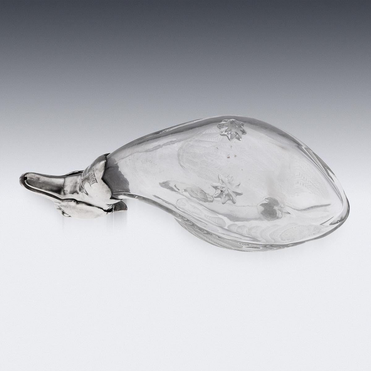 20th Century Continental Solid Silver & Clear Glass Novelty 'Duck' Claret Jug For Sale 1