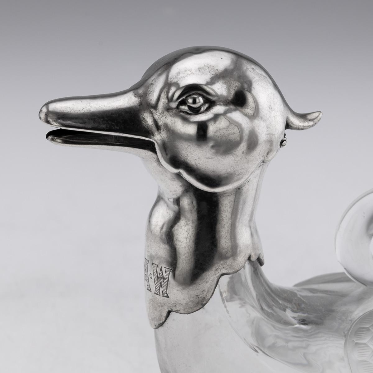 20th Century Continental Solid Silver & Clear Glass Novelty 'Duck' Claret Jug For Sale 2